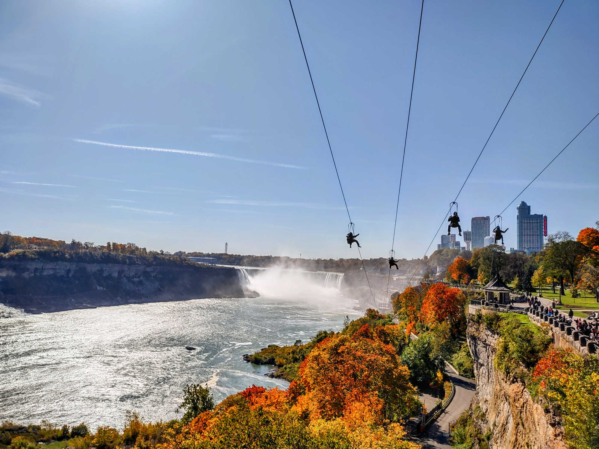 A view of the Zipline to the Falls, during the Fall season in Canada