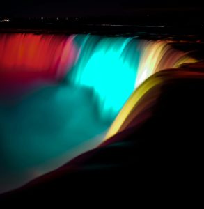 Niagara Falls illumination at night with coloured LED lights on Horseshoe Falls