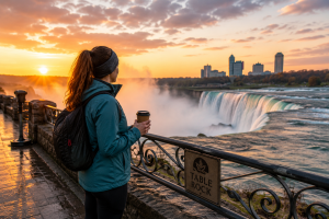 Traveler enjoying an early morning Niagara Falls adventure itinerary near Table Rock