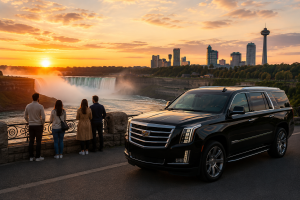 Luxury vehicle parked near Niagara Falls during a scenic evening transfer experience.