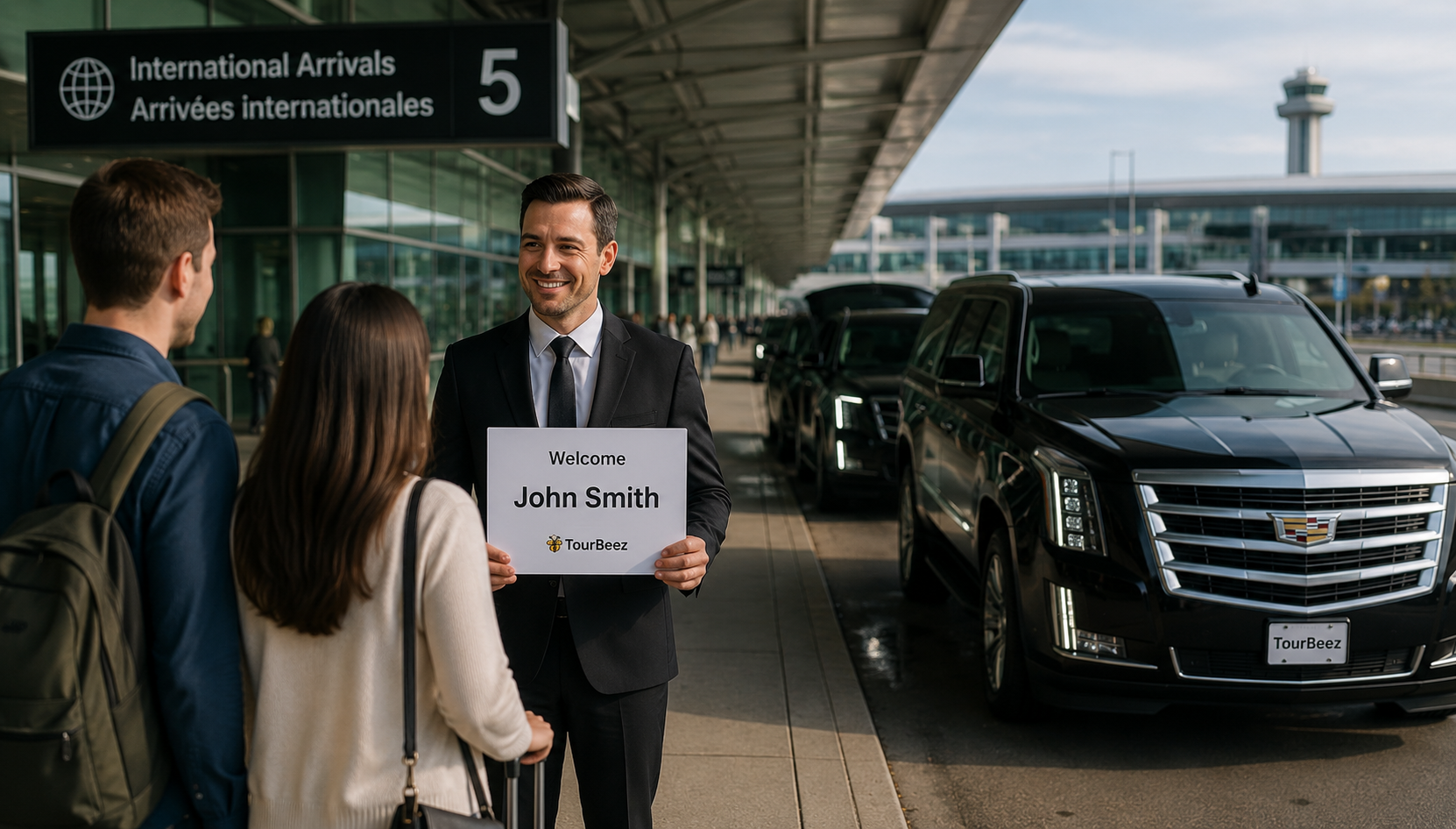 Professional chauffeur welcoming travelers at Toronto Pearson Airport for a private Niagara Falls airport transfer.