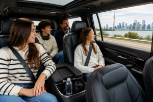 Travellers enjoying a comfortable private transfer from Toronto Airport to Niagara Falls in a luxury vehicle.