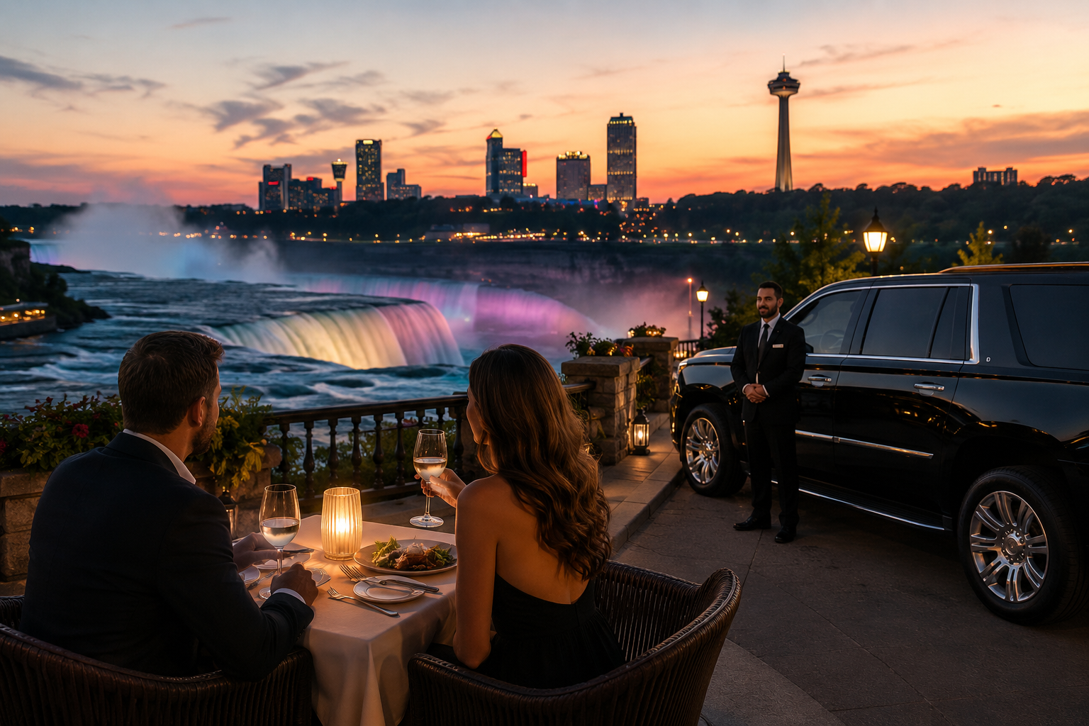 Couple enjoying a luxury Niagara Falls VIP experience with private transportation and exclusive evening views